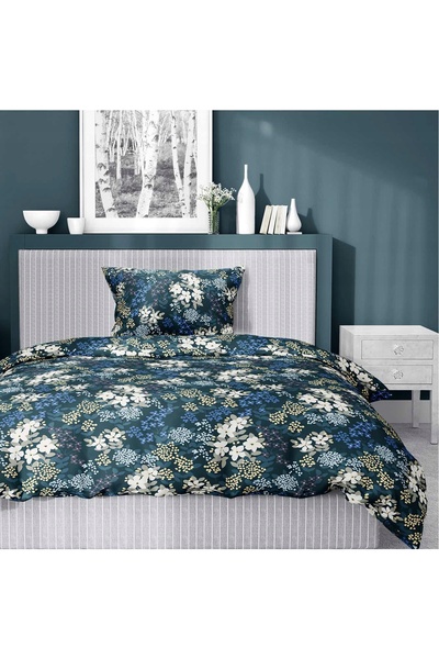 NO BRAND Lenjerie de pat Satin 140X200 Albastru Marin Flori Albe 100% Bumbac