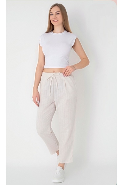 Besttrend Self-Patterned Linen Trousers with Pockets