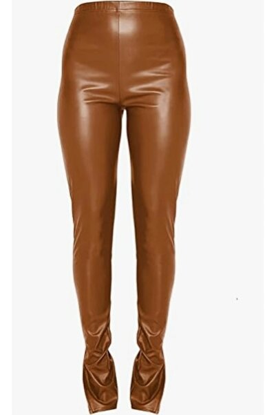 NO BRAND Pantaloni maro mulați din piele ecologică cu șliț Prettylittlething 44
