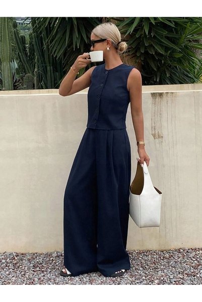 NO BRAND Set bleumarin, pantaloni lungi și largi, vestă la un rând de nasturi...