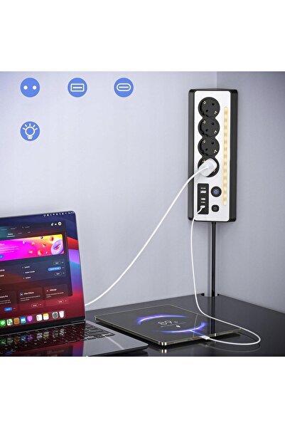 NO BRAND Prelungitor cu 4 prize, 2 porturi Type-C și 1 port USB-A