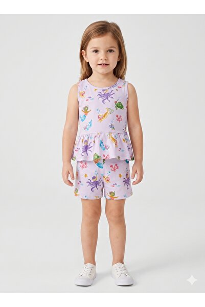 Babyqlo Girls Lavender Mermaid Print Shorts Set