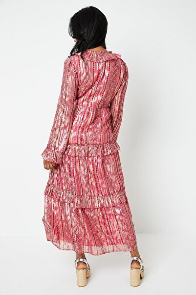 NO BRAND Rochie roz midi cu mâneci lungi și volane, Oasis 44