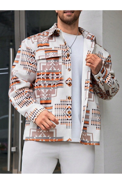 NO BRAND Jachetă bej, buzunare tip cămașă, model geometric, nasturi, Shein 5XL