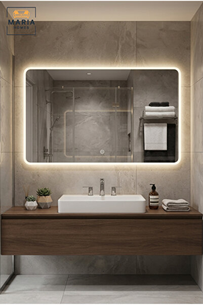 MARIA HOMES مرآة حائط LED مستطيلة بدون إطار 120 × 60 سم مع مستشعر لمس وزوايا ...