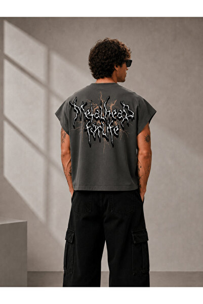 EVIus Tricou cu imprimeu Metalhead, oversize, cu croială boxy, fără mâneci, c...