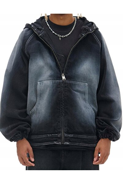 NO BRAND Geacă neagră cu efect de denim, spălată, cu glugă, cu fermoar, de tr...