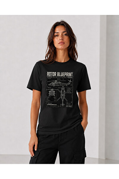 chaygoy Unisex Relaxed Fit Siyah Sıfır Yaka Tişört, Rotor Blueprint Askeri Helikopter Teknik Çizim Baskılı