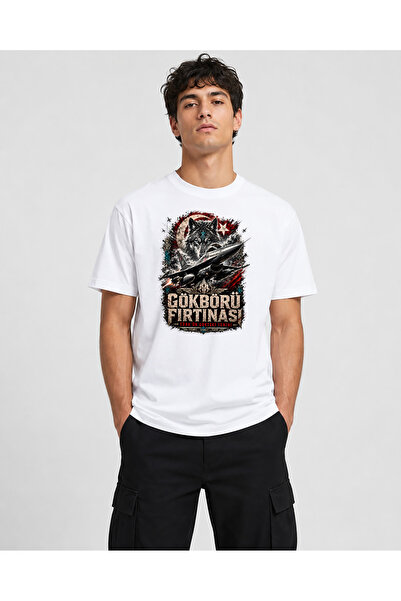 chaygoy Unisex Relaxed Fit Beyaz Sıfır Yaka Tişört, Gökbörü Fırtınası Savaş Uçağı, Bozkurt Ve Ay Yıldız Bask