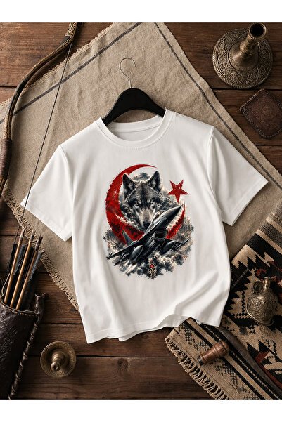 chaygoy Unisex Regular Fit Beyaz Sıfır Yaka Tişört, Ay Yıldız Gökbörü Savaş Uçağı, Bozkurt Ve Ay Yıldız Bask