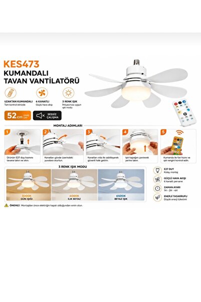 K2 GLOBAL KES473 Kumandalı Tavan Vantilatörü 3 Renk Fanlı LED E27 Duy 6 Kanatlı