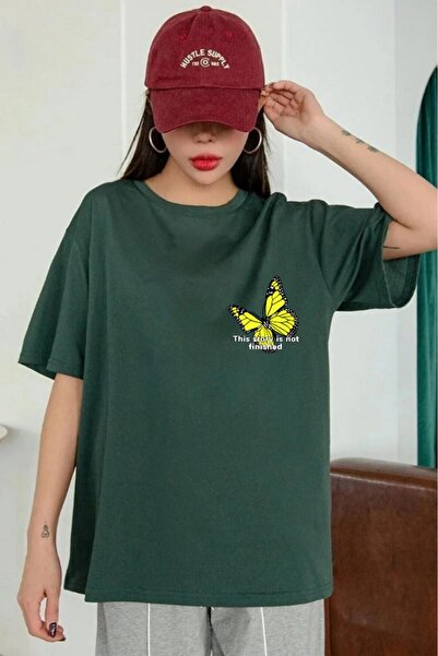 H&GHAMLEGİYİM Γυναικείο μπλουζάκι Oversize Yellow Butterfly printed