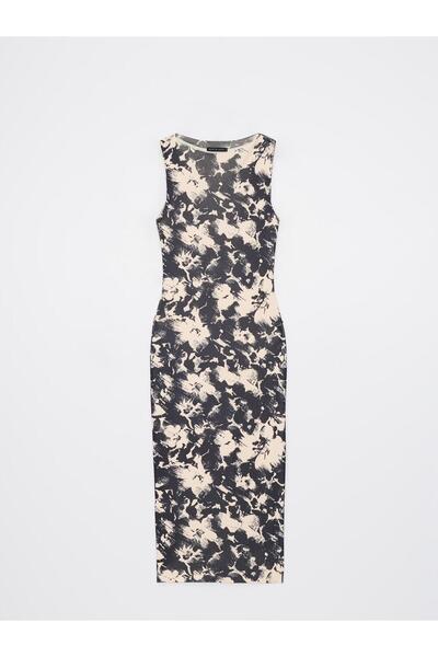 NO BRAND Rochie midi neagră tip creion cu bretele late, abstractie clasică m