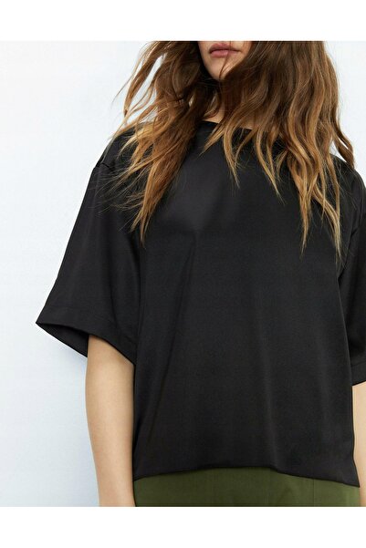 NO BRAND Bluză lejeră din satin negru, netedă, oversize, clasică, Warehouse 40