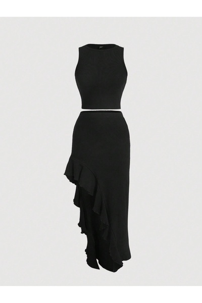 NO BRAND Set negru top și fustă cu volane asimetrice Shein 40/42