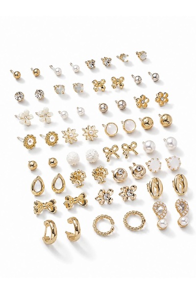 Nevara 30 Pairs (60Pcs) Trendy Gold Color Pearl Zircon Mixed Women's Earrings...