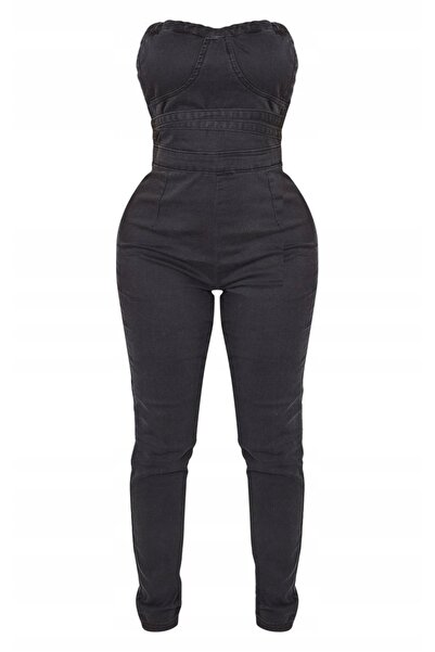 NO BRAND Salopetă lungă din denim neagră, cu umerii goi, PRETTYLITTLETHING 42