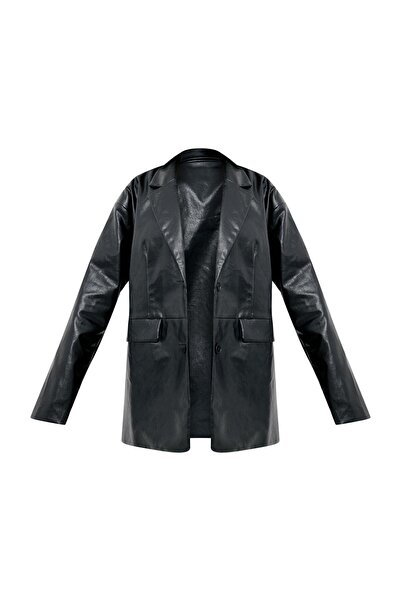 NO BRAND Blazer clasic negru din piele ecologică cu mâneci lungi Prettylittle...