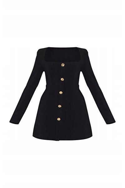 NO BRAND Rochie mini clasică neagră cu mânecă lungă și nasturi Prettylittleth...