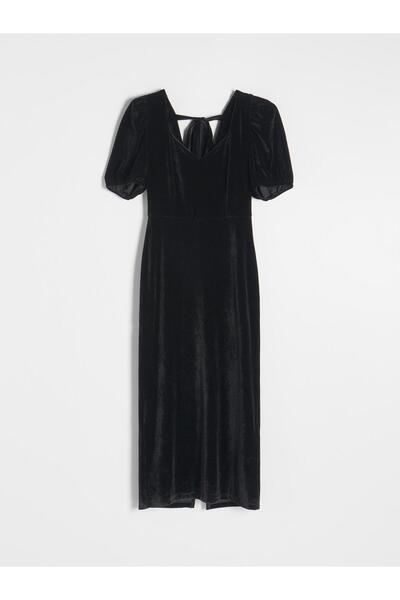 NO BRAND Rochie de catifea neagră, cu mânecă scurtă, decolteu tip inimă, stil...