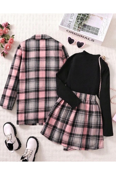 NO BRAND Set roz cu model în carouri, fustă, sacou, bluză Shein 128