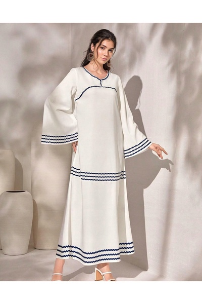 NO BRAND Viała rochie lungă simplă lejeră cu model albastru cu mânecă lungă S...