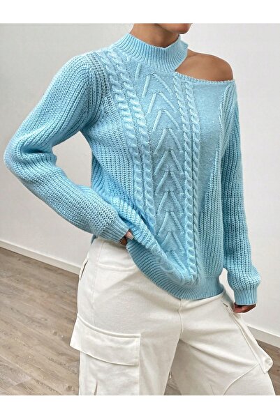 NO BRAND Pulover tricotat asimetric albastru ciel, cu decupaj clasic, Shein 44