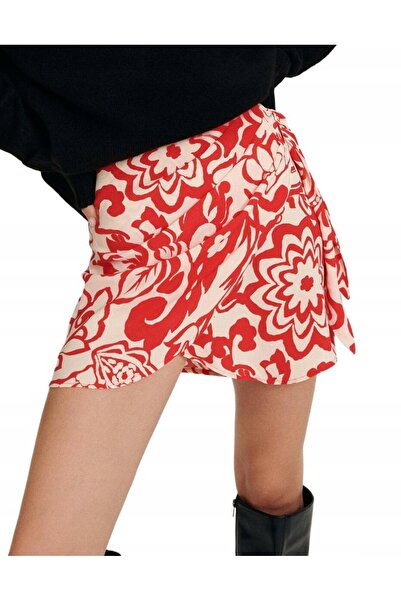 NO BRAND Fustă mini crem cu cravată roșie, cu model, din viscoză, Reserve XL