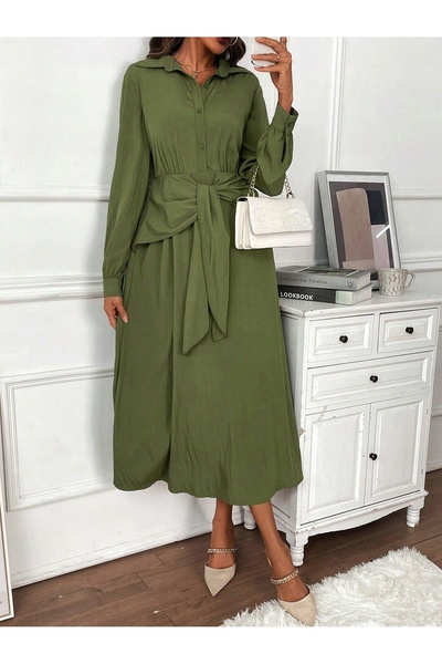 NO BRAND Rochie cămașă verde Midaxi cu șnur, mânecă lungă, Shein 36