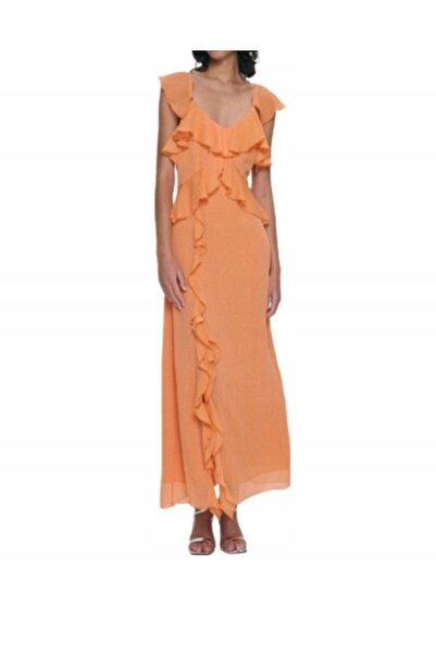 NO BRAND Rochie maxi de cocktail din șifon portocaliu cu volane, mărimea XL