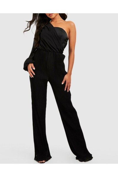 NO BRAND Salopetă neagră de cocktail, plisată, asimetrică, din șifon, Boohoo 36