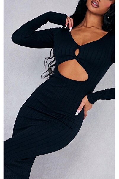 NO BRAND Rochie mulată neagră, midi, reiată, cu nasturi, Prettylittlething S