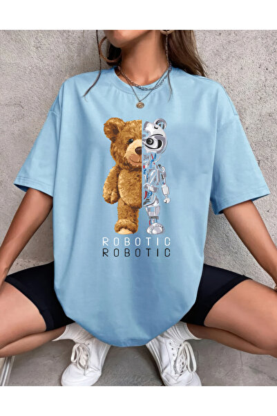 H&GHAMLEGİYİM Robotic Design Printed Oversize Combed Cotton T-Shirt
