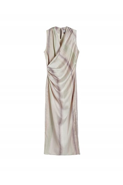NO BRAND Rochie multicoloră midi cu șliț și drapaje, mărimea XL.