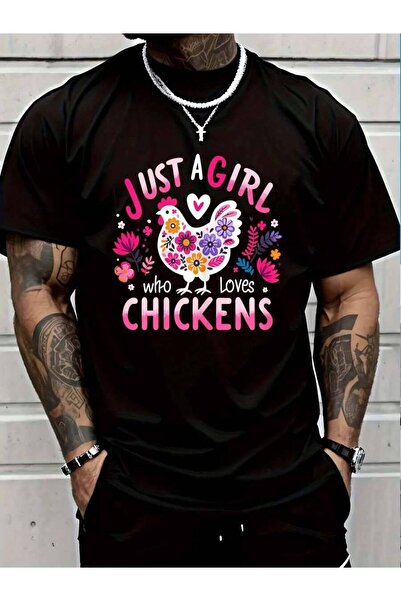 4CR تي شيرت قطني 100% بطباعة "Just A Girl Who Loves Chickens" مضحك للرجال وال...
