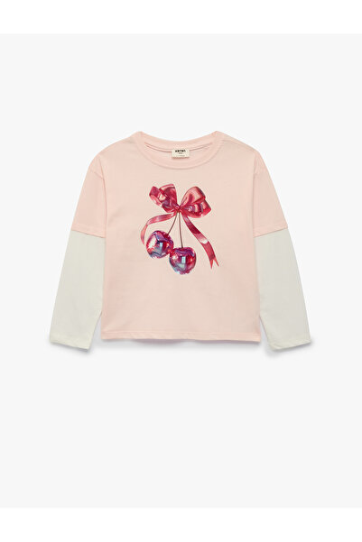 Koton Cotton Bowknot Cherry Print Long Sleeve Crew Neck T-Shirt