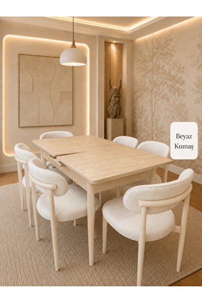 Concept Ayz Home LIVA Serisi Beyaz Kumaş 6 Kişilik Açılabilir Traverten Mdf M...