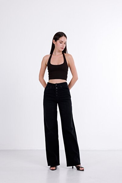 i8 Denim جينز واسع بخصر عالي مع أزرار أمامية