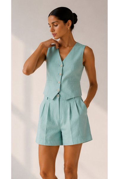 Miss Prova Mykonos Double Linen Premium Suit with Shorts and Vest