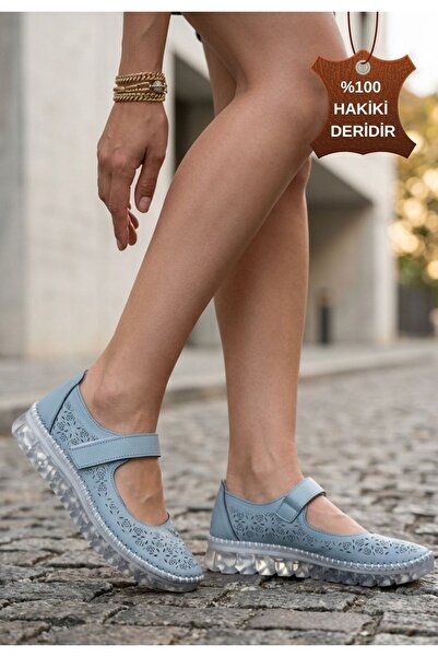 Zerenyus Sina Blue Genuine Leather Velcro Orthopedic Comfortable Ballerinas