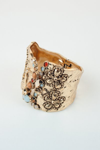 Liveyn Design Vintage Dokulu Renkli Taş Detaylı Gold Bileklik