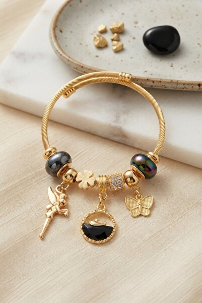 Inure Jewelry سوار أسود على شكل سمكة وطينر بيل مع حلية سوداء