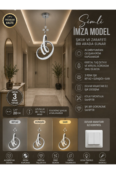 Genel Markalar Simli İmza Model Kristal Taşlı Krom Led Avize - 3 Renk Aydınla...