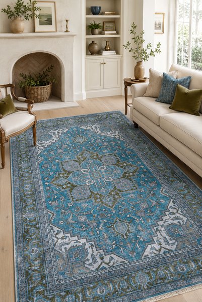 Fuly Consept Home Design Vintage Medalyon Desenli Turkuaz Mavi Dekoratif Halı...