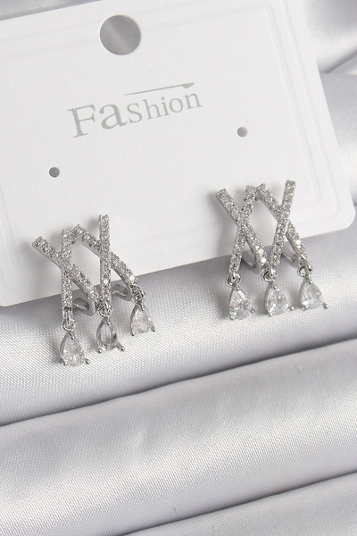 Mega Bazaar Brass Silver Color Zircon Stone X Model Dangle Detail Women's Ear...