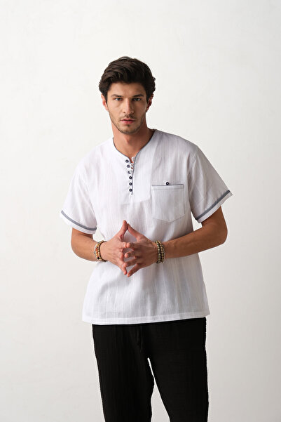 Generic Brand Flamlı Pamuk Short-Sleeved, Pocketed, Buttoned Crew Neck Men's ...