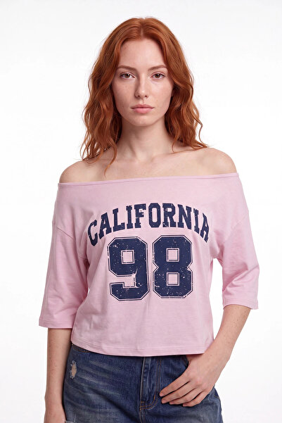cemo Kayık Yaka Baskılı Oversize Crop Tişört