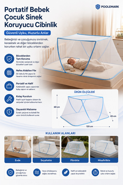 PooleMark Katlanabilir Bebek ve Çocuk Cibinliği 50x125 cm Portatif Sinek Koru...