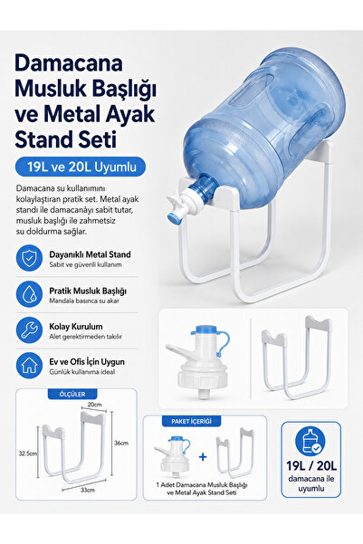PooleMark Damacana Musluk Başlığı ve Metal Ayak Stand Seti 19-20 L Uyumlu Pra...