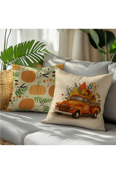 Bebişim Halı Orange Pumpkin and Truck Fall Patterned Runner and Set of 4 Throw Pillow Covers
